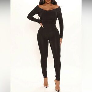 Fashion Nova XS Slinky Off the Rails Shoulder Jumpsuit Onepiece Onsie Black